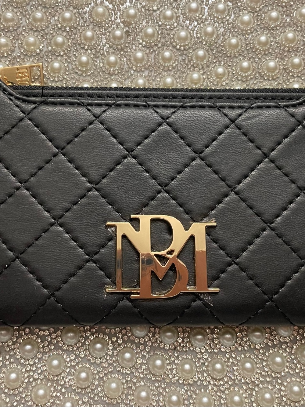 BADGLEY MISCHKA Black Quilted Women's Wallet with Gold Monogram Accent